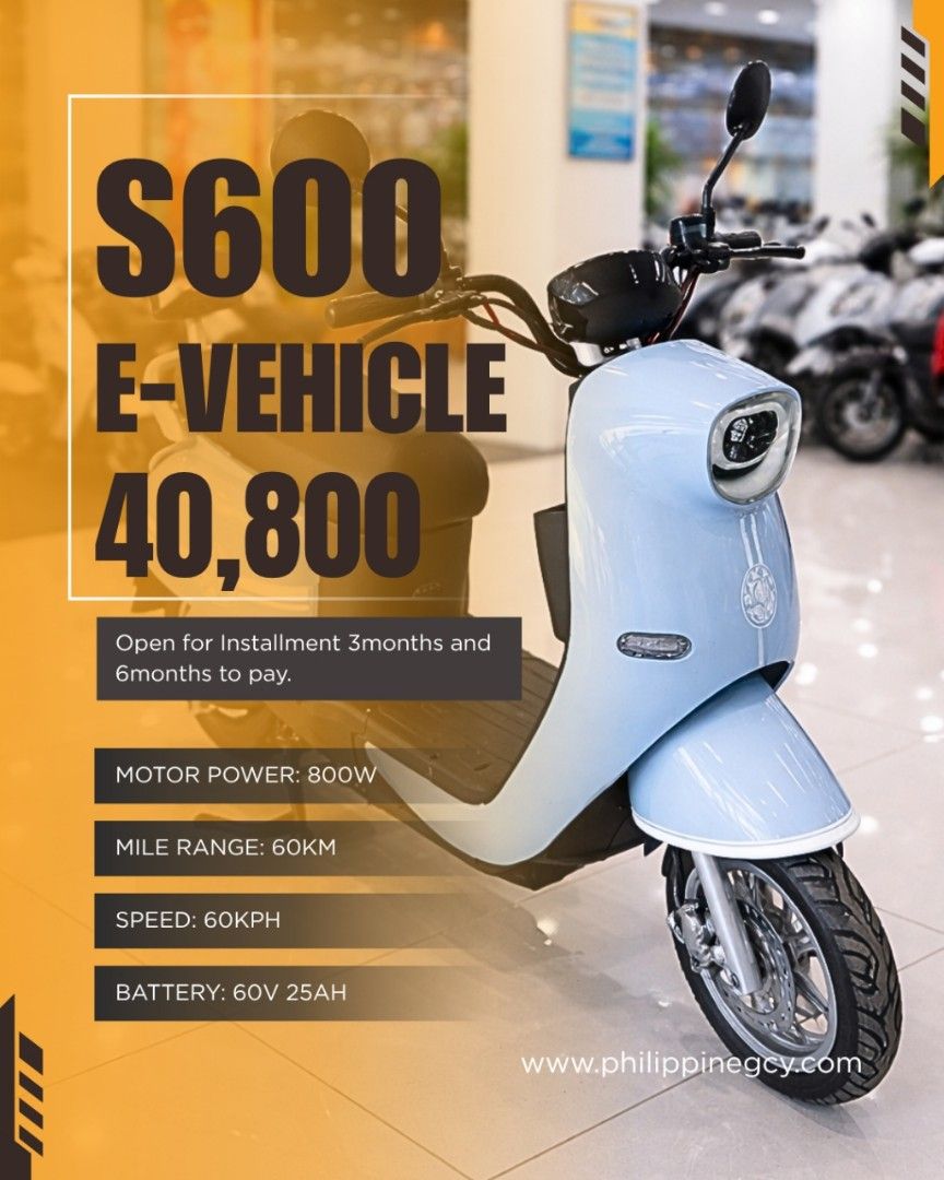 GCY E-Vehicle S600 Model Electric Scooter (Category: Skates, Rollerblades & Scooters) located in Bacoor. Submitted by gcy1_by.missd (Listing ID 1441167218, Image 1). Description: - Model: GCY E-Vehicle S600 - Motor Power: 800W - Max Speed: Up to 45 kph - Mile Range: Up to 60 km on a full charge - Battery: 60V 25Ah - Electricity Consumption: 1.5 kWh per full charge - Cost per Full Charge: Approximately ₱20.7 - Payment Options: Available for 3 or 6
