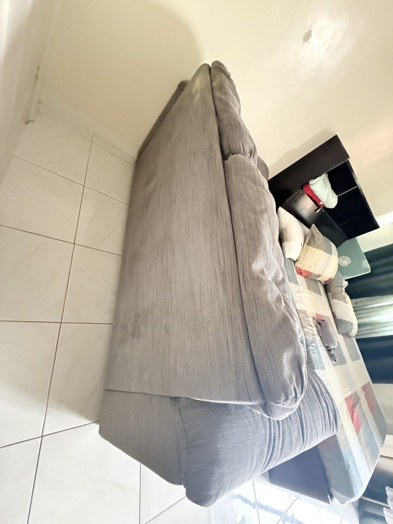 Grey Fabric Sofa (Category: Sofas) located in Malolos. Submitted by shopenjoylowprices (Listing ID 1441233017, Image 2). Description: - Grey fabric sofa - Recliner function included - Still comfortable and fully functional - Pick up only.