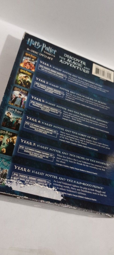 Harry Potter Years 1-6 6-Disc DVD Set Widescreen (Category: CDs & DVDs) located in Manila. Submitted by jeannetteyago (Listing ID 1441326439, Image 3). Description: - Complete Harry Potter DVD set - Covers Years 1 through 6 * Inlays not included - Includes: Sorcerer's Stone, Chamber of Secrets, Prisoner of Azkaban, Goblet of Fire, Order of the Phoenix, and Half-Blood Prince - All discs are widescreen - Great gift for any Harry Potter fan!.