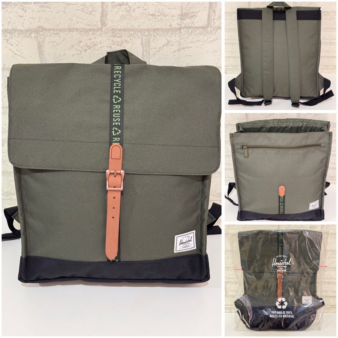 Herschel Supply Co. City Mid-Volume Backpack - Olive (Category: Backpacks) located in Mandaluyong City. Submitted by axelottle (Listing ID 1441296186, Image 1). Description: - Herschel Supply Co. City Mid-Volume backpack - Color: Olive Green - Closure: Flap with buckle strap - Front pocket: Zip closure - Straps: Feature 'Recycle, Reuse, Recycle' print - Material: 100% recycled materials - Condition: Comes with original packaging.