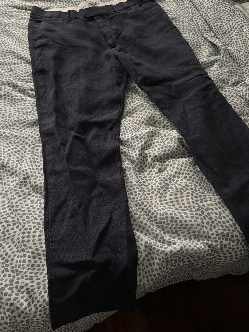 H&M Dark Blue Textured Trousers (Category: Trousers) located in Quezon City. Submitted by heiressofpersia80 (Listing ID 1441183490, Image 2). Description: - Brand: H&M - Color: Dark Blue - Fit: Classic - Fabric: Textured linen - Features: Belt loops, button and zip closure - Style: Versatile for smart casual or work wear - Comfort: Made with comfortable material.