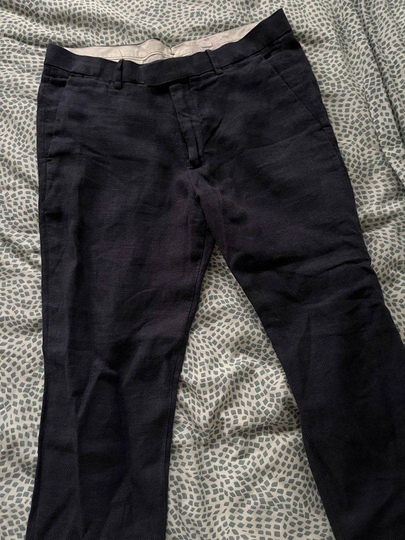 H&M Dark Blue Textured Trousers (Category: Trousers) located in Quezon City. Submitted by heiressofpersia80 (Listing ID 1441183490, Image 1). Description: - Brand: H&M - Color: Dark Blue - Fit: Classic - Fabric: Textured linen - Features: Belt loops, button and zip closure - Style: Versatile for smart casual or work wear - Comfort: Made with comfortable material.