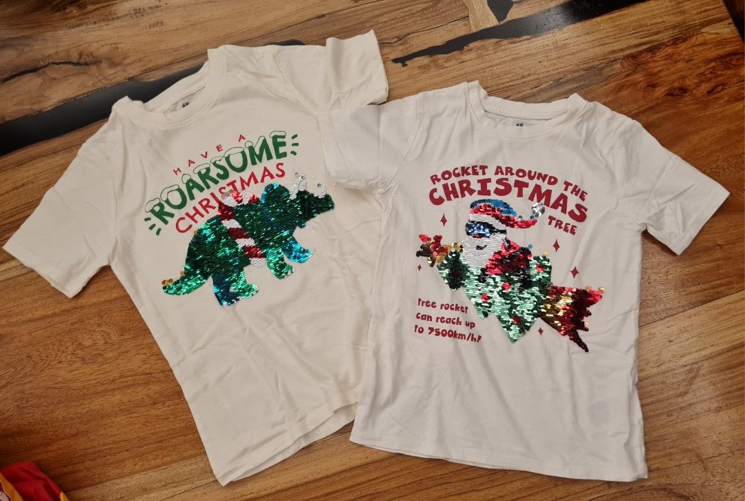 H&M Kids Christmas Sequin T-Shirts Bundle (2pcs) (Category: Babies & Kids Fashion) located in Cavite. Submitted by helpusdeclutter (Listing ID 1441282034, Image 3). Description: H&M Kids Christmas Sequin T-Shirts Store bought. Barely used. in like new condition. Size 6-8 years old SRP : P599 each. Selling for P500 for the set. Features a fun Christmas graphic with reversible sequins..