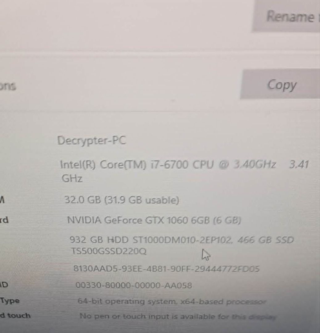 Intel Core i7-6700 GTX 1060 6GB Desktop PC (Category: Desktops) located in Pasig City. Submitted by d3crypt3r_rabbit (Listing ID 1441373416, Image 2). Description: - Intel Core i7-6700 CPU @ 3.40GHz - 32GB RAM - NVIDIA GeForce GTX 1060 (6GB VRAM) - 466GB SSD Storage - Windows 10 Pro 64-bit.