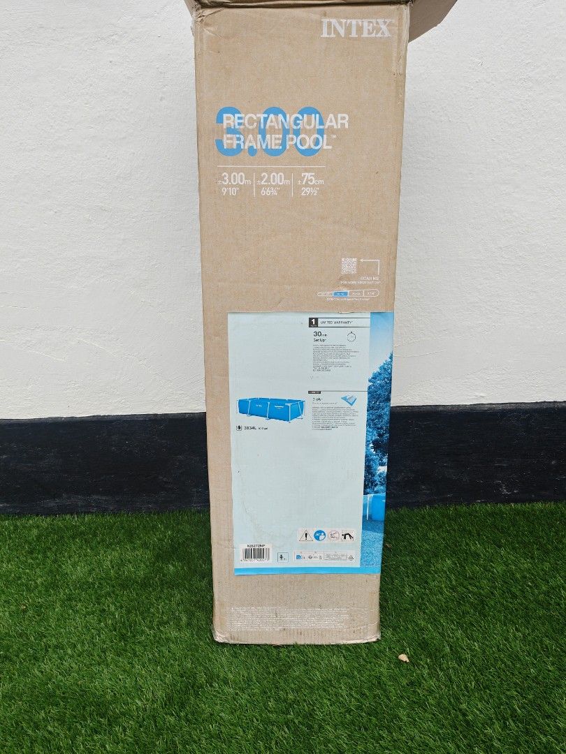 Intex Rectangular Frame Pool (Category: Water Sports) located in Singapore. Submitted by whippySUP (Listing ID 1441325881, Image 2). Description: - Intex Rectangular Frame Pool - Dimensions: 3.00m x 2.00m x 0.75m - Ideal for summer cooling off - Easy to set up - Comes with original box - Used once for an event , in pristine condition .