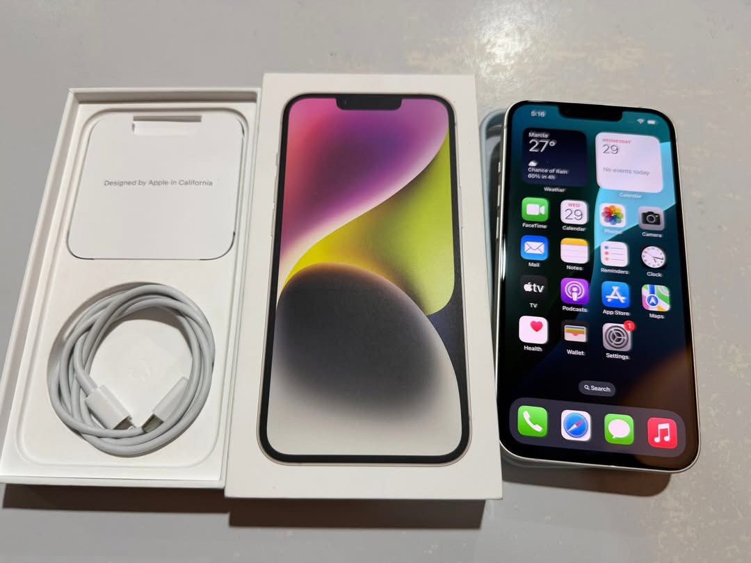 Iphone 14 (Category: iPhone 14 Series) located in Manila. Submitted by christianramirez160490 (Listing ID 1441271141, Image 1). Description: Iphone 14 128GB 100 Battery health Good truetone Good Face ID Factory unlock Openline Any sim Unit cored and box .