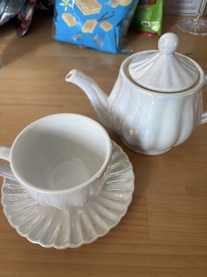 Iridescent Teapot and Teacup with Saucer