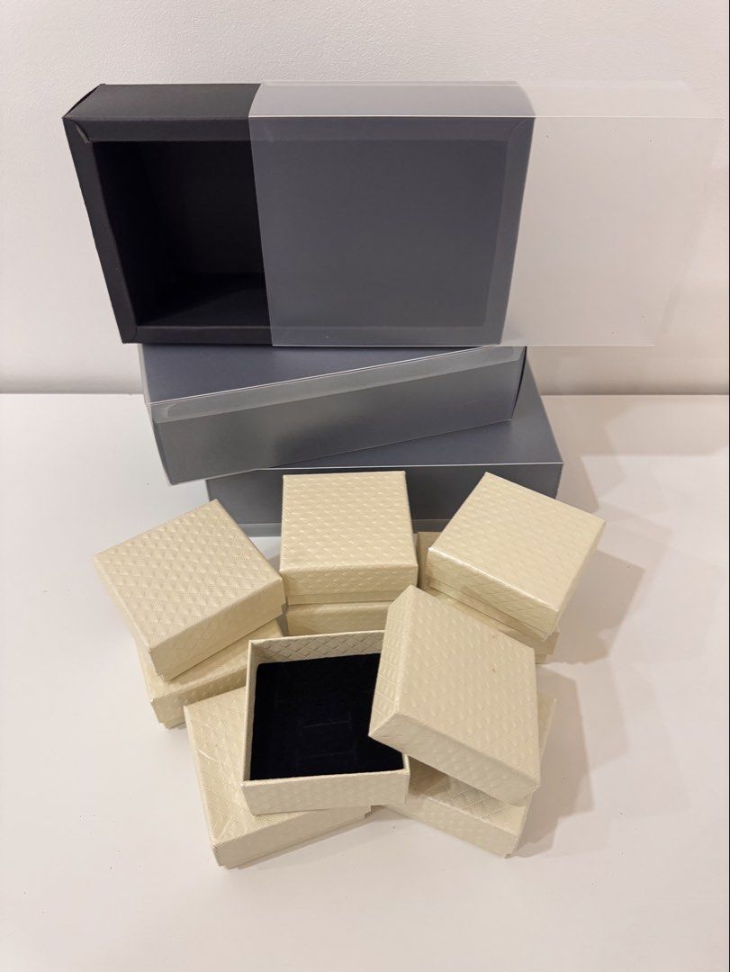 Jewelry Gift Boxes and Packaging Supplies Set (Category: Accessory Holder, Box & Organizers) located in Rizal. Submitted by soldnshipped (Listing ID 1441211272, Image 1). Description: Packaging supplies for take all Brand new unused Sf c/o buyer Black box rectangle 3pcs = L23cm x W12cm Jewelry boxes 9pcs = 7cm x 7cm.