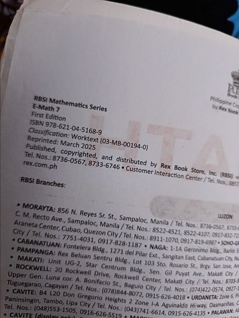 K to 12 E-MATH 7 Worktext in Mathematics First Edition (Category: Textbooks) located in Manila. Submitted by mookiemonster (Listing ID 1441357308, Image 2). Description: - E-MATH 7 Worktext in Mathematics - First Edition - Published by Rex Book Store, Inc. (RBSI) - Aligned with K to 12 curriculum - No writings, can pass as bnew.