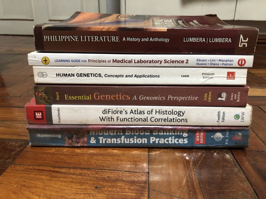 Medtech textbooks (Category: Textbooks) located in Pasay City. Submitted by jennelle_shop (Listing ID 1441235653, Image 1). Description: MEDICAL TECHNOLOGY BOOKS Philippine Literature: A History and Anthology. P250 Principles of Medical Laboratory Science 2 without CD. P250 Essential Genetics (5th Edition). P250 Lewis Human Genetics (11th Edition). P250 Modern Blood Banking & Transfusion Practice (6th Edition). P250 diFiore’s Atlas of Histology W