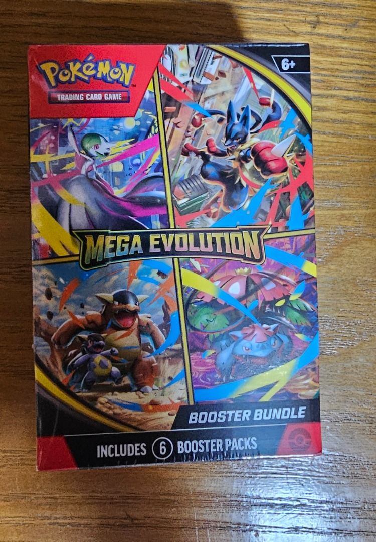 Mega Evolution Booster Bundle (Shrink) (Category: Card Boxes & Cases) located in Singapore. Submitted by huatagain (Listing ID 1441172663, Image 1). Description: - Sealed Pokemon TCG Mega Evolution Booster Bundle - Contains 6 booster packs - Features artwork of Mega Lucario, Mega Blastoise, Mega Venusaur, and Mega Gardevoir - Ideal for collectors and players looking to expand their collection - Great for game nights or completing your Pokemon car