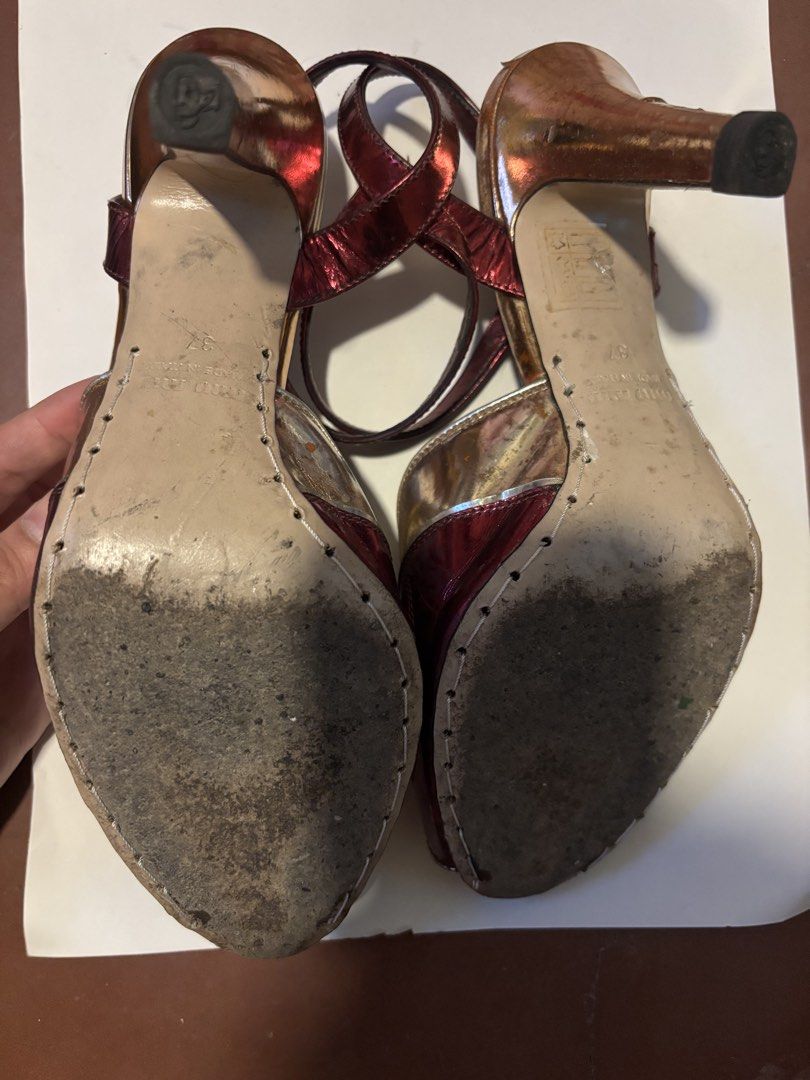 Miu Miu Metallic Peep-Toe Heels (Category: Heels) located in Manila. Submitted by danidanidani213 (Listing ID 1441264188, Image 2). Description: - Miu Miu heels - Metallic finish in gold and deep red - Peep-toe design - Ankle strap - Unique statement piece - Size 37.