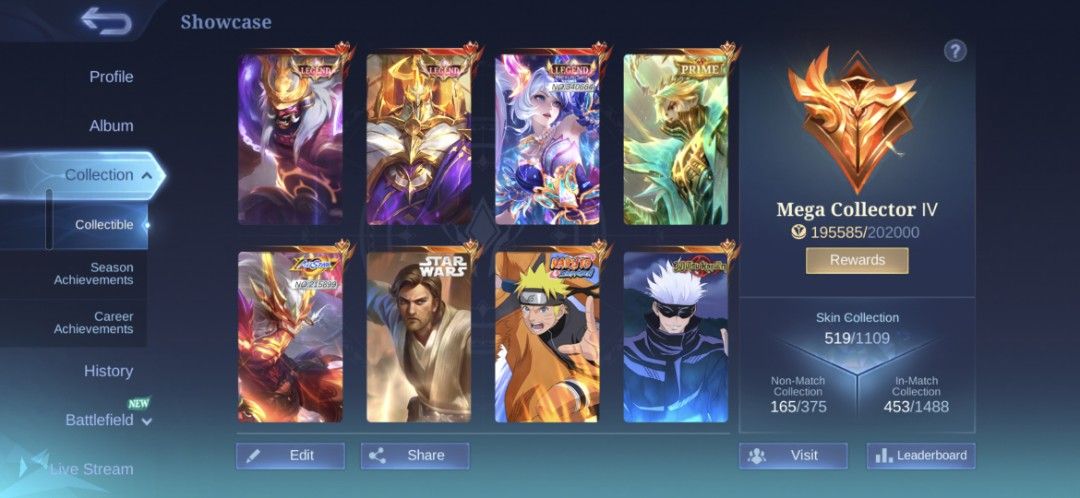 Mobile Legends Account - Mega Collector IV, High Rank (Category: Others) located in Manila. Submitted by kennethcharlescastada (Listing ID 1441294264, Image 2). Description: - Mobile Legends Account for Sale - Rank: Mega Collector IV (195,585/200,000 points) - Highest Rank Achieved: Mythical Immortal - Collectibles: Includes rare Star Wars & Naruto collaboration skins - Match History: Over 54,000 matches played - Perfect for serious Mobile Legend
