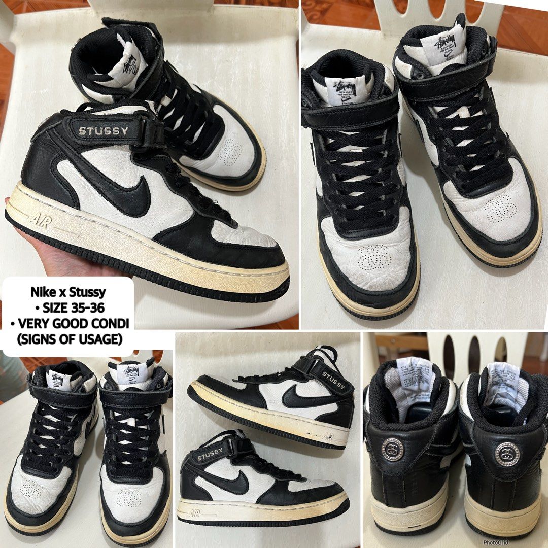 Nike x Stussy Air Force 1 Mid (Category: Sneakers) located in Baguio. Submitted by dyenzthrifts (Listing ID 1441312463, Image 1). Description: - Nike x Stussy Air Force 1 Mid - Size: 35-36 - Colorway: Classic Black & White - Condition: Very good, with signs of usage - Perfect for collectors and sneaker enthusiasts.