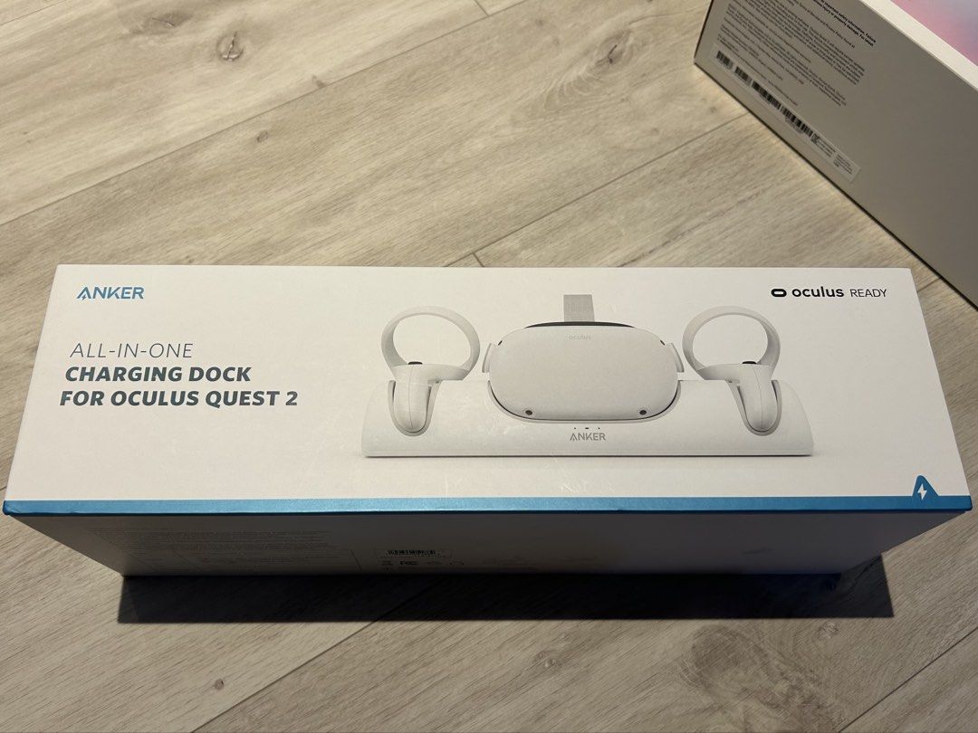 Oculus Quest 2 VR Headset with Anker Charging Dock (Category: Virtual Reality) located in Singapore. Submitted by arfandi.azzahar (Listing ID 1441211929, Image 3). Description: - Oculus Quest 2 VR headset - Includes controllers - Original packaging - Anker All-in-One Charging Dock (charges headset & controllers).