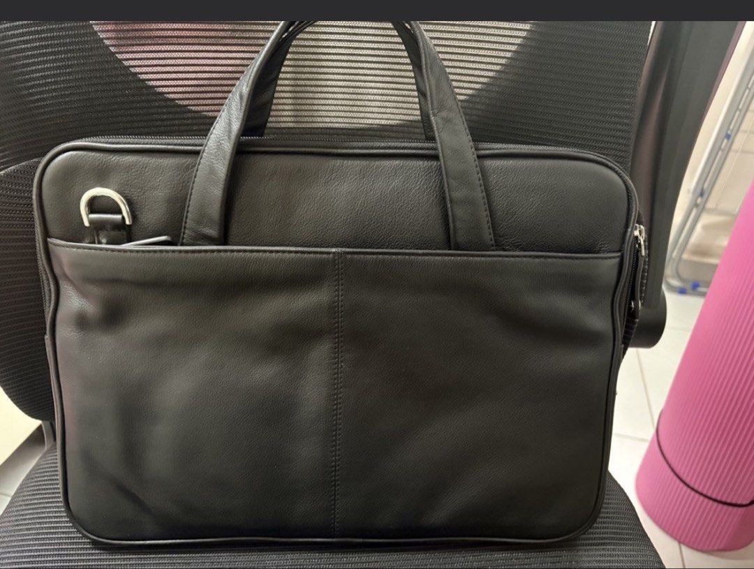 Oxide Black Leather Laptop Bag with Shoulder Strap