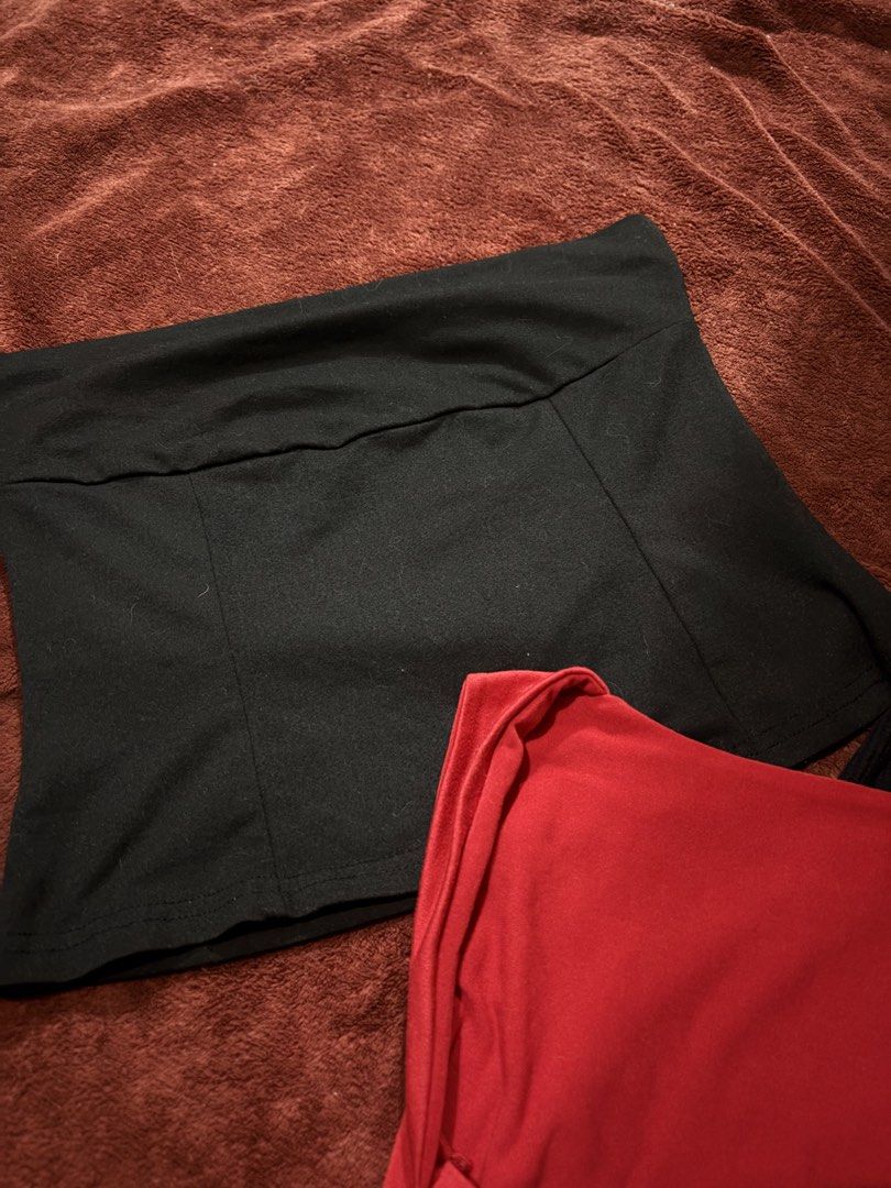 Red Twist Front Top & Black Tops Bundle (Category: Blouses) located in San Juan City. Submitted by helpabaddietodecclutter (Listing ID 1441326778, Image 3). Description: - Bundle of three tops - Includes: 1 red twist-front top, 1 black ribbed tank top, 1 black strapless top - Made from soft, stretchy fabric - Versatile for layering or wearing solo.