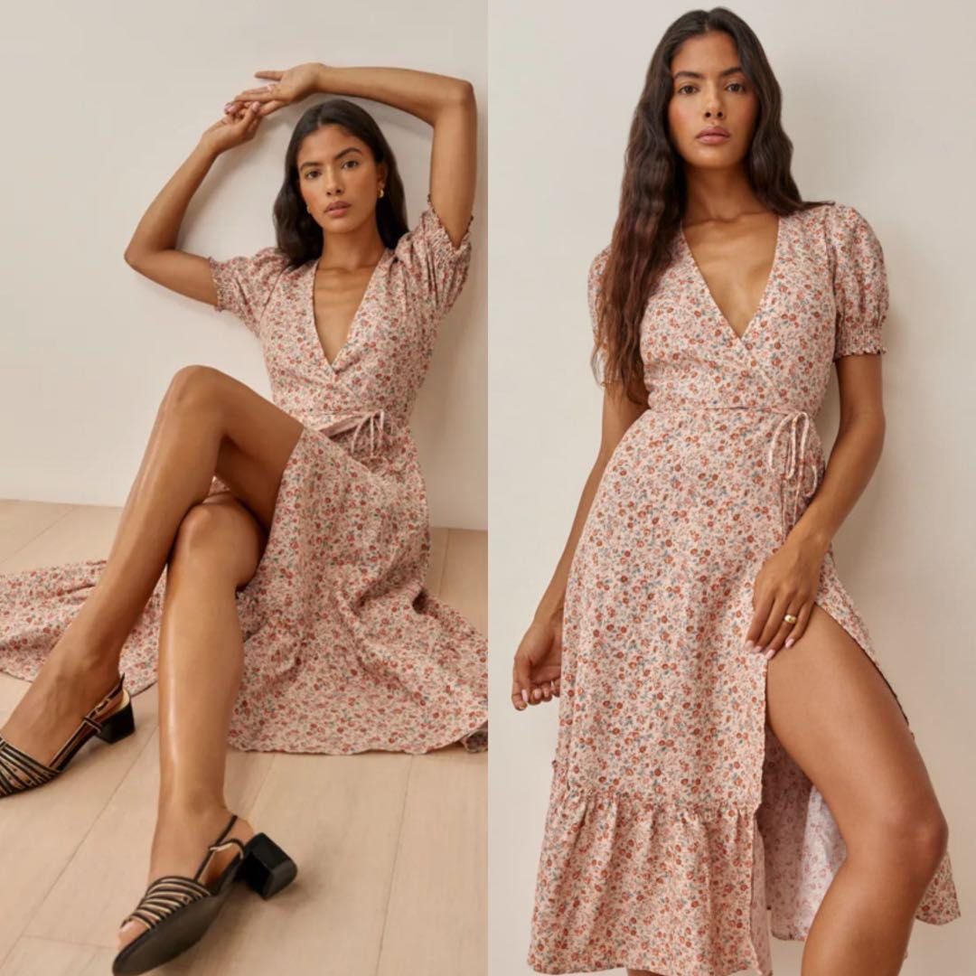 Reformation Veronika floral linen midi wrap dress (Category: Dresses) located in Singapore. Submitted by chairman.meow (Listing ID 1441342372, Image 1). Description: No trades Tracked mail $2 or pick up Potong Pasir Size XS, adjustable self wrap design 100% linen Good condition no defects .