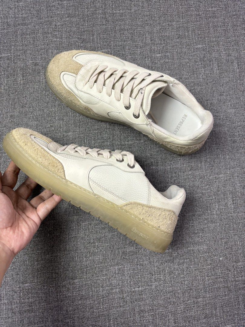 Represent Cream Leather & Suede Low Top Sneakers (Category: Sneakers) located in San Fernando. Submitted by kayemanalac_05 (Listing ID 1441218743, Image 2). Description: - Brand: Represent - Color: Cream - Material: Leather and Suede - Style: Low-top sneakers - Features: Unique textured sole, lace-up front - Occasion: Casual wear - Condition: Please check photos for details.