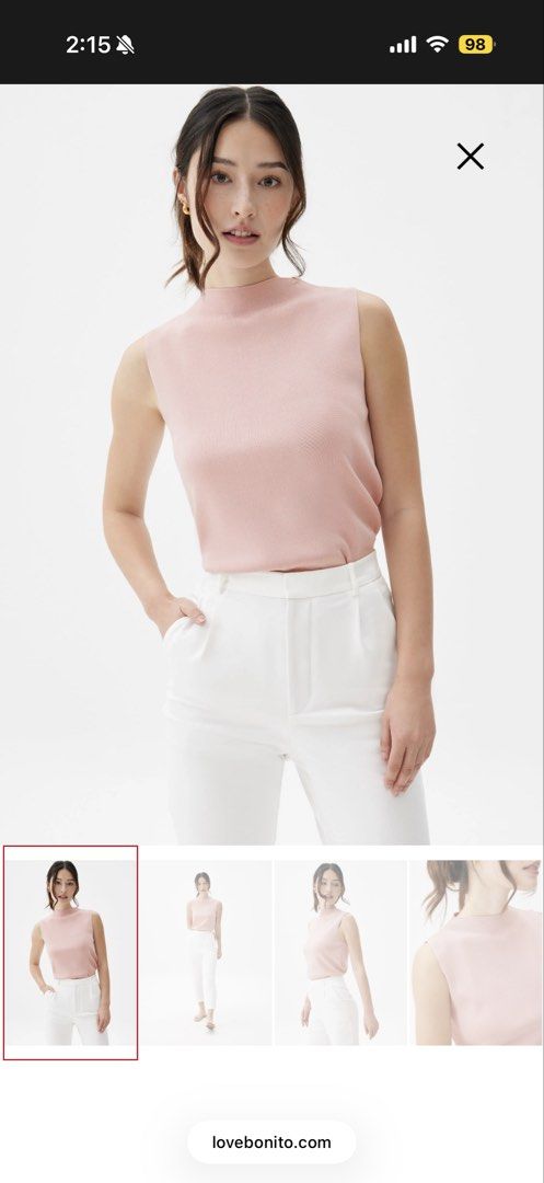Robin High Neck Knit Top (Category: Sleeveless) located in Singapore. Submitted by shareygal (Listing ID 1441220629, Image 1). Description: - Love Bonito pink knit top - Mock neck, sleeveless design - Ribbed texture - Highly versatile: pairs well with trousers or skirts - Easy to dress up or down Sizing and measurements is on last picture .