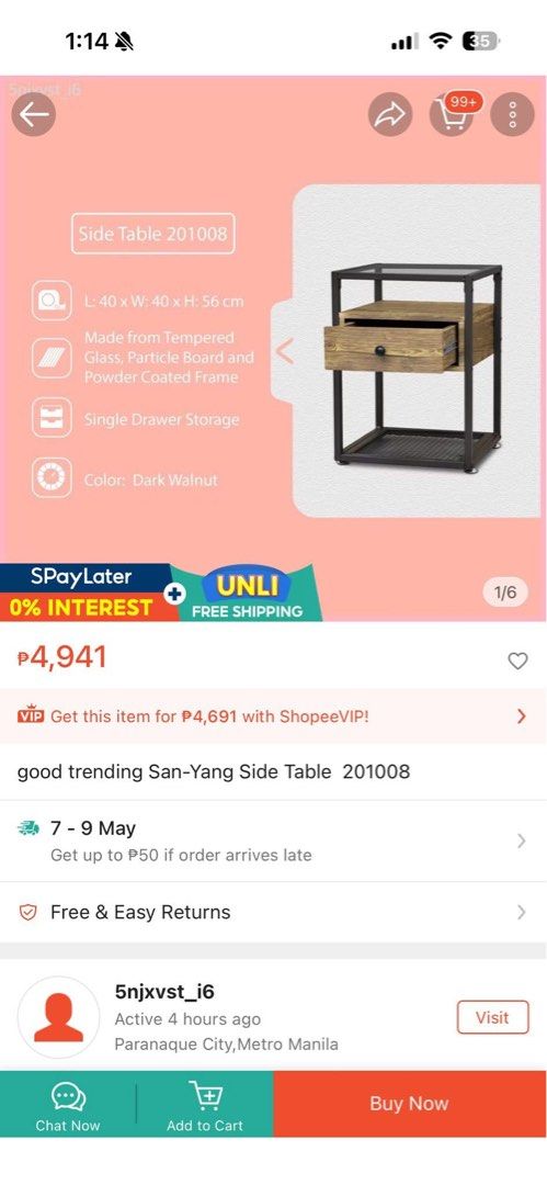 Sanyang Side Table (Category: Tables & Sets) located in Manila. Submitted by popgoesthe40457 (Listing ID 1441169211, Image 3). Description: Sanyang Side Table L: 40 W 40 H 56CM RFS DECLUTTERING.