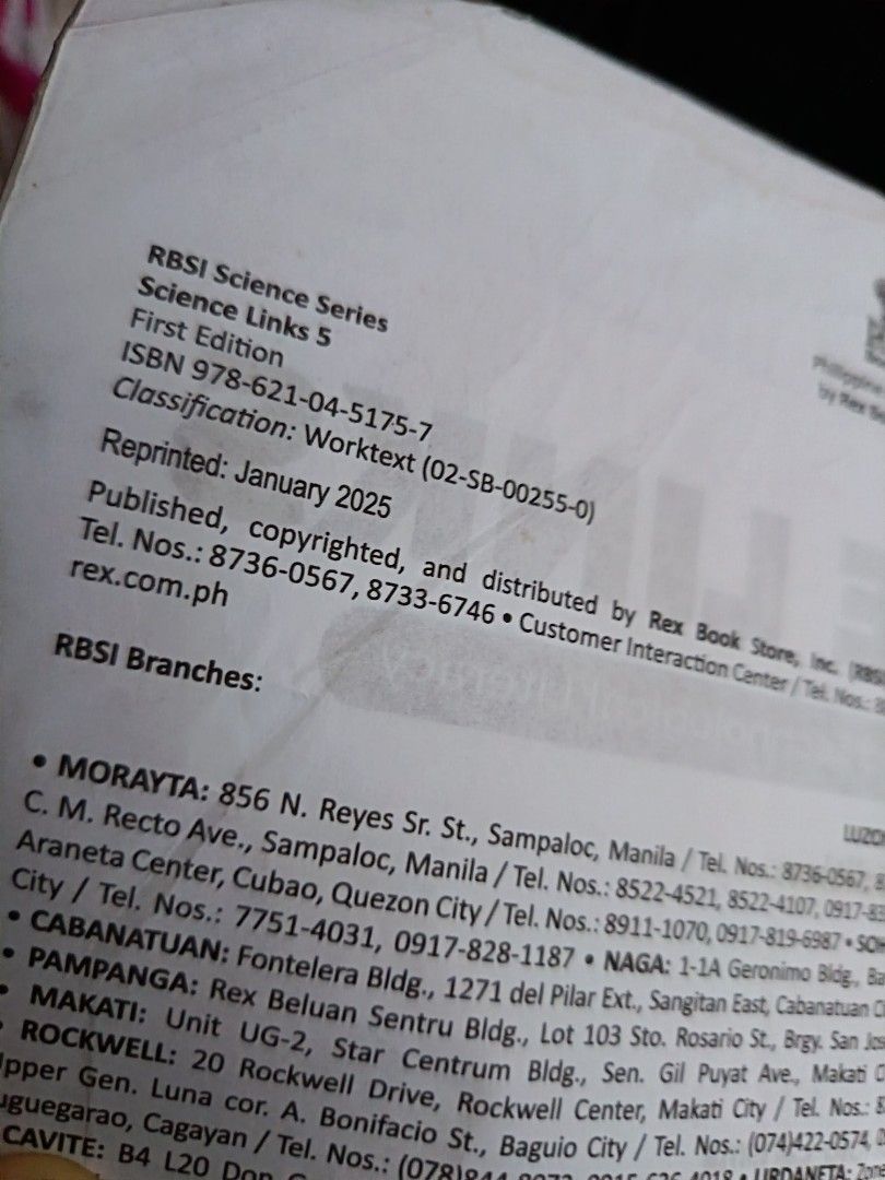 Science Links 5 Worktext for Scientific and Technological Literacy 2025 (Category: Textbooks) located in Manila. Submitted by mookiemonster (Listing ID 1441357990, Image 2). Description: - Science Links Worktext for Scientific and Technological Literacy - Grade 5, First Edition - Published by Rex Book Store - Reprinted January 2025 - ISBN: 978-621-04-5175-7 - Worktext Code: 02-SB-00255-0 - Please check photos for more details. - 2025 - minimal wr