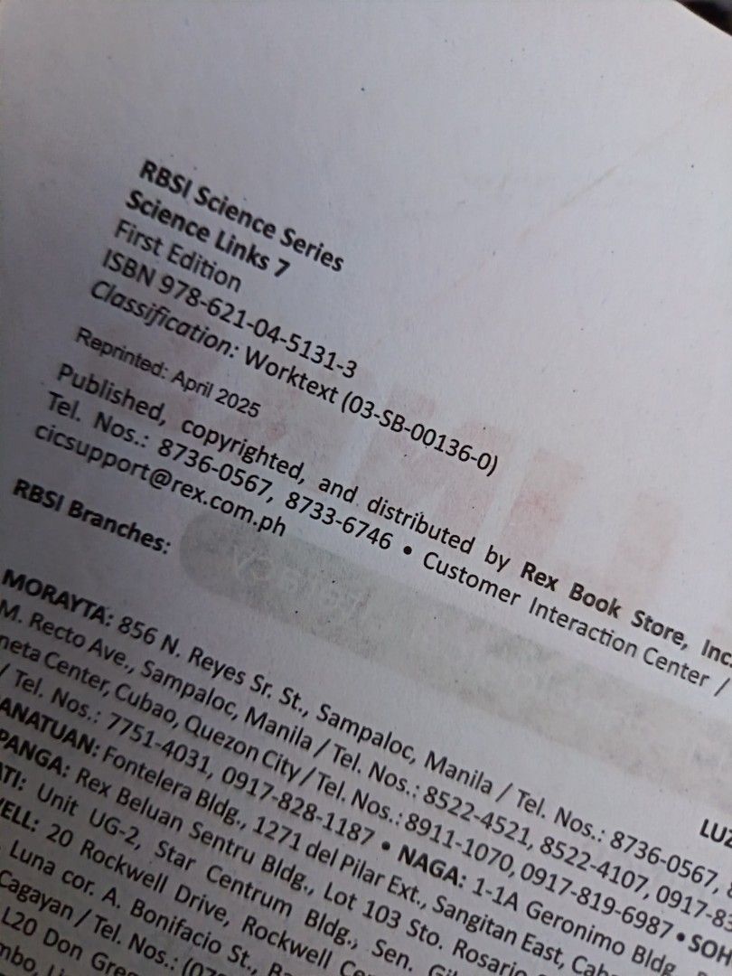 Science Links 7 Worktext First Edition (Category: Textbooks) located in Manila. Submitted by mookiemonster (Listing ID 1441356519, Image 2). Description: - Science Links Grade 7 Worktext - For Scientific and Technological Literacy - First Edition 2024 - Published by Rex Book Store, Inc. - Great for students learning science - minimal writings, like new.