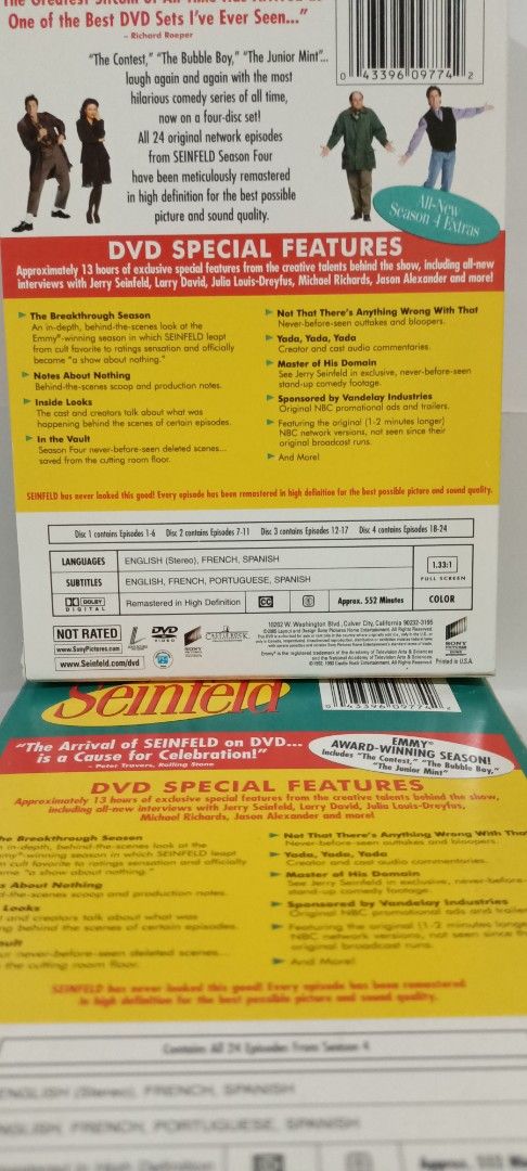 Seinfeld: The Complete Season 4 DVD Box Set (Category: CDs & DVDs) located in Manila. Submitted by jeannetteyago (Listing ID 1441324734, Image 2). Description: - Own all 24 hilarious episodes from Seinfeld Season 4. - Includes special features like cast interviews and behind-the-scenes content. - A must-have for any true Seinfeld fan. - Get ready for endless laughs!.