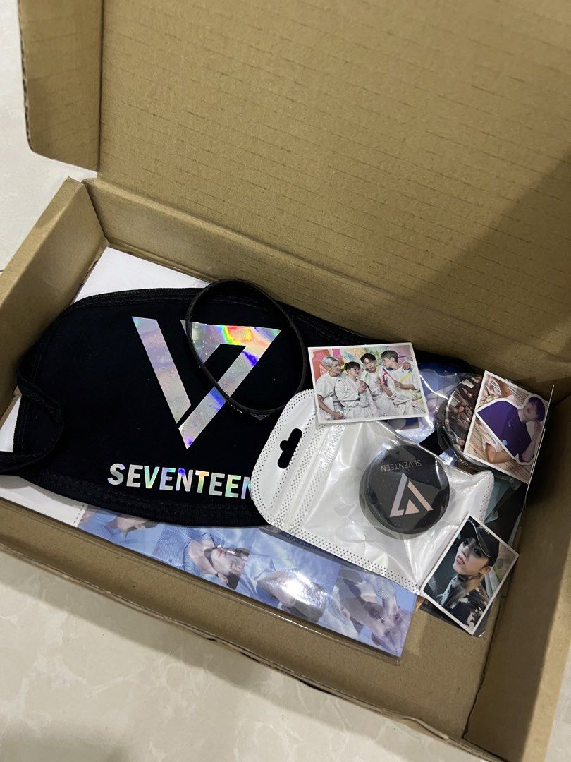 Seventeen gift set (Category: K-Wave) located in Jelutong. Submitted by maymeifinds (Listing ID 1441199708, Image 2). Description: x1 mask x1 wristband x1 notebook x2 button badges x10 photocards .