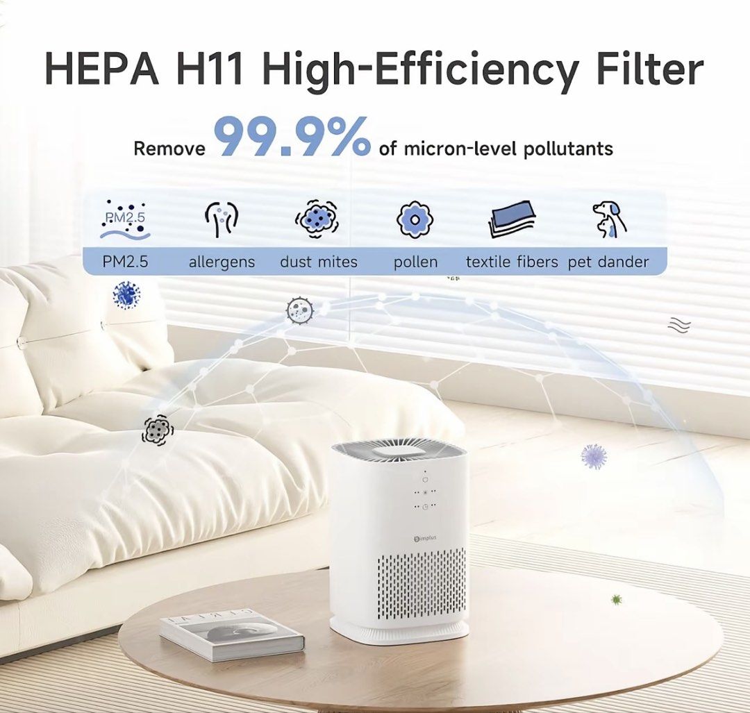 Simplus Compact Desktop Air Purifier HEPA H11 Filter (Category: Air Purifiers & Dehumidifiers) located in Manila. Submitted by acebun22 (Listing ID 1441245051, Image 2). Description: - Compact desktop air purifier for cleaner air at home or office. - HEPA H11 filter captures 99.9% of tiny pollutants (PM2.5, allergens, dust, pollen, pet dander). - Low energy consumption: only 0.24kWh for all-day use. - Lightweight design (1.05kg) for easy portabil