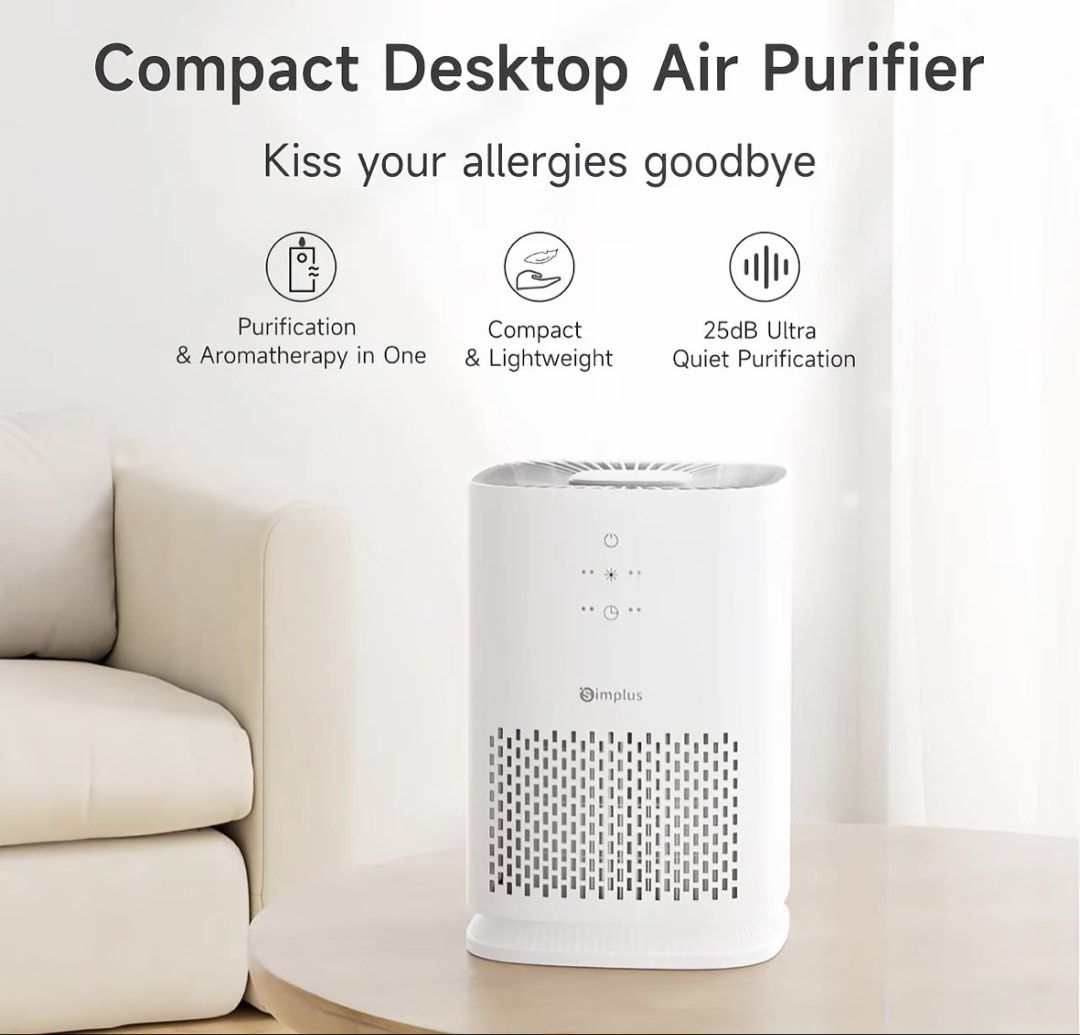 Simplus Compact Desktop Air Purifier HEPA H11 Filter (Category: Air Purifiers & Dehumidifiers) located in Manila. Submitted by acebun22 (Listing ID 1441245051, Image 1). Description: - Compact desktop air purifier for cleaner air at home or office. - HEPA H11 filter captures 99.9% of tiny pollutants (PM2.5, allergens, dust, pollen, pet dander). - Low energy consumption: only 0.24kWh for all-day use. - Lightweight design (1.05kg) for easy portabil