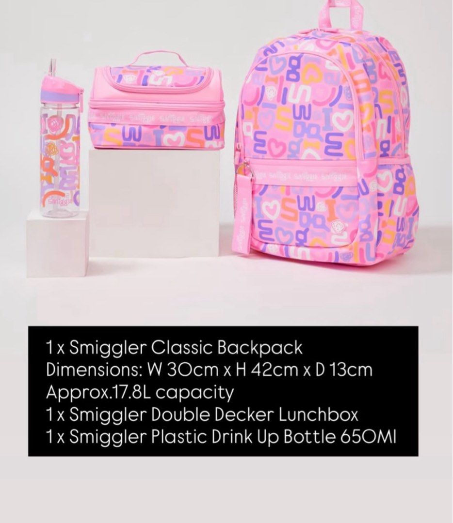 Smiggle Classic Backpack Set (Category: Babies & Kids Fashion) located in Manila. Submitted by stopshop26 (Listing ID 1441234569, Image 1). Description: Smiggle Classic Backpack Set Brand new and original Onhand and ready to ship.