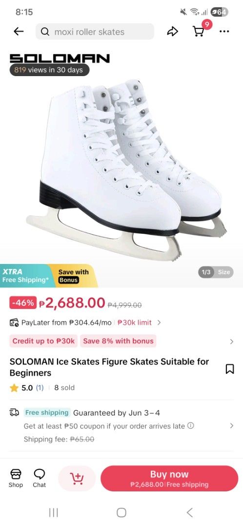 SOLOMAN Ice Skates Figure Skates for Beginners (Category: Skates, Rollerblades & Scooters) located in Quezon City. Submitted by princessarugay (Listing ID 1441158119, Image 1). Description: Just finished my LTS classes. I'm size 6 for running shoes. NEGOTIABLE!! - White SOLOMAN ice skates - Designed for beginners - Ensures a smooth and controlled skating experience - Provides essential support for new skaters.