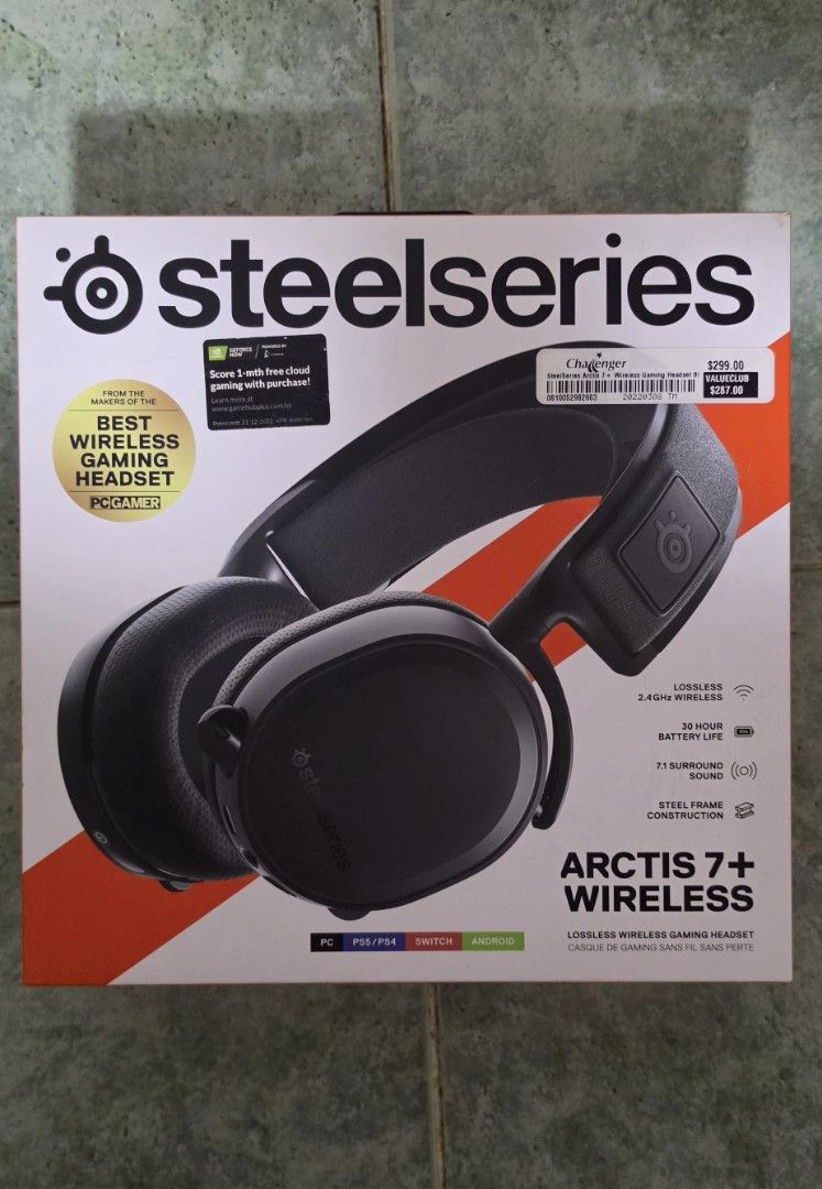SteelSeries Arctis 7+ Wireless Gaming Headset (Category: Headphones & Headsets) located in Singapore. Submitted by its.damuu (Listing ID 1441293095, Image 1). Description: SteelSeries Arctis 7+ wireless gaming headset. Long-lasting battery, great mic, works on PC, PS5/PS4, Switch, and mobile. Includes a new stylish gradient headband and new ear pads .