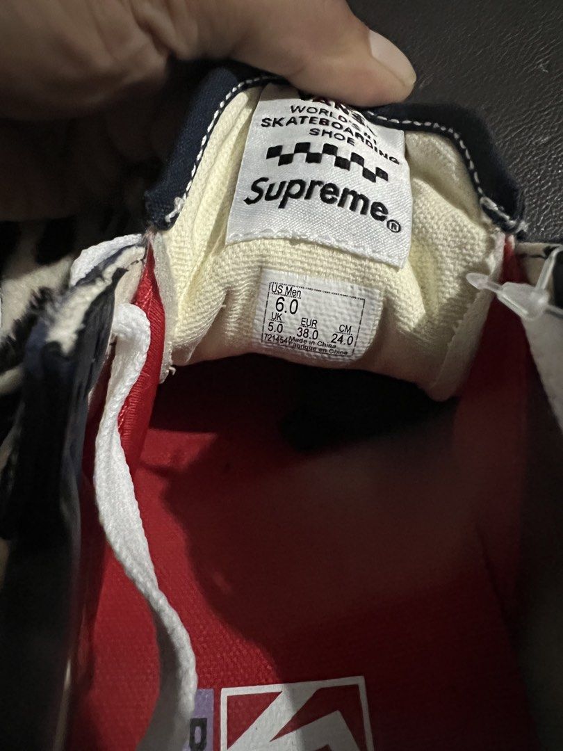 Supreme Vans Old Skool Leopard Fur Navy Suede (Category: Sneakers) located in Bacolor. Submitted by nikkideveracatambay6116 (Listing ID 1441236910, Image 3). Description: - Authentic Supreme x Vans Old Skool collaboration sneakers. - Eye-catching leopard print fur detailing. - Premium navy suede accents. - Size: EUR 38/US 6 - Comes with original tags, brand new. no box.