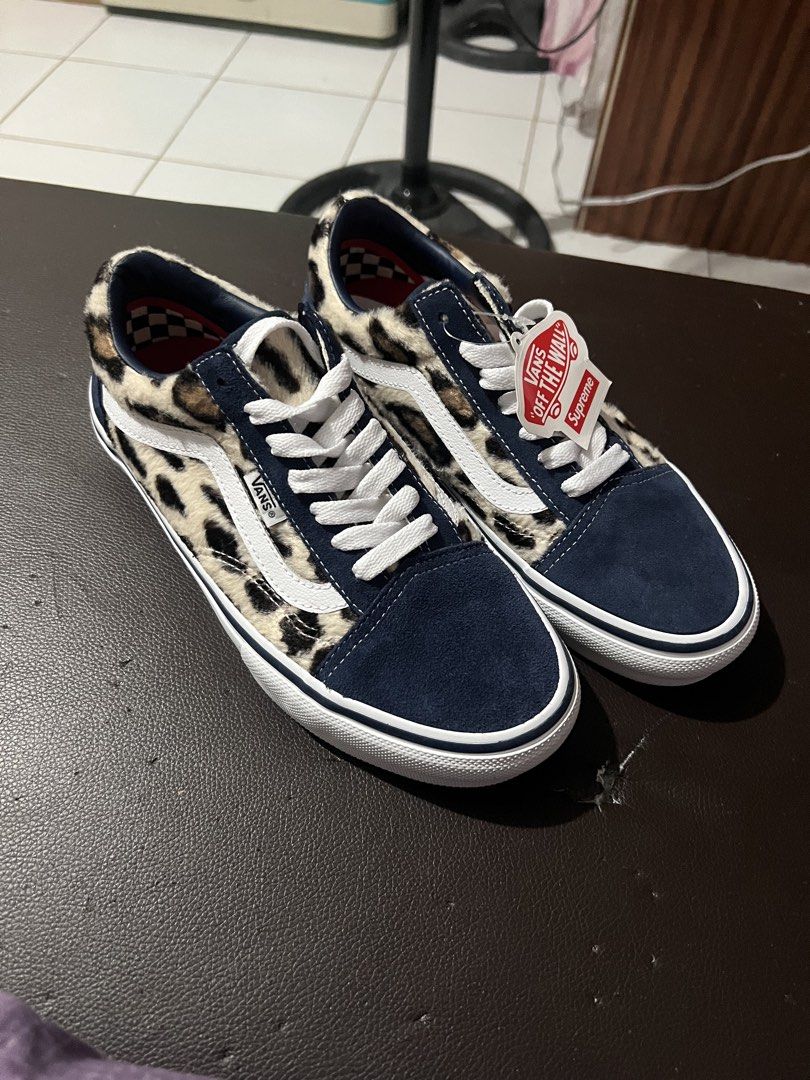 Supreme Vans Old Skool Leopard Fur Navy Suede (Category: Sneakers) located in Bacolor. Submitted by nikkideveracatambay6116 (Listing ID 1441236910, Image 1). Description: - Authentic Supreme x Vans Old Skool collaboration sneakers. - Eye-catching leopard print fur detailing. - Premium navy suede accents. - Size: EUR 38/US 6 - Comes with original tags, brand new. no box.