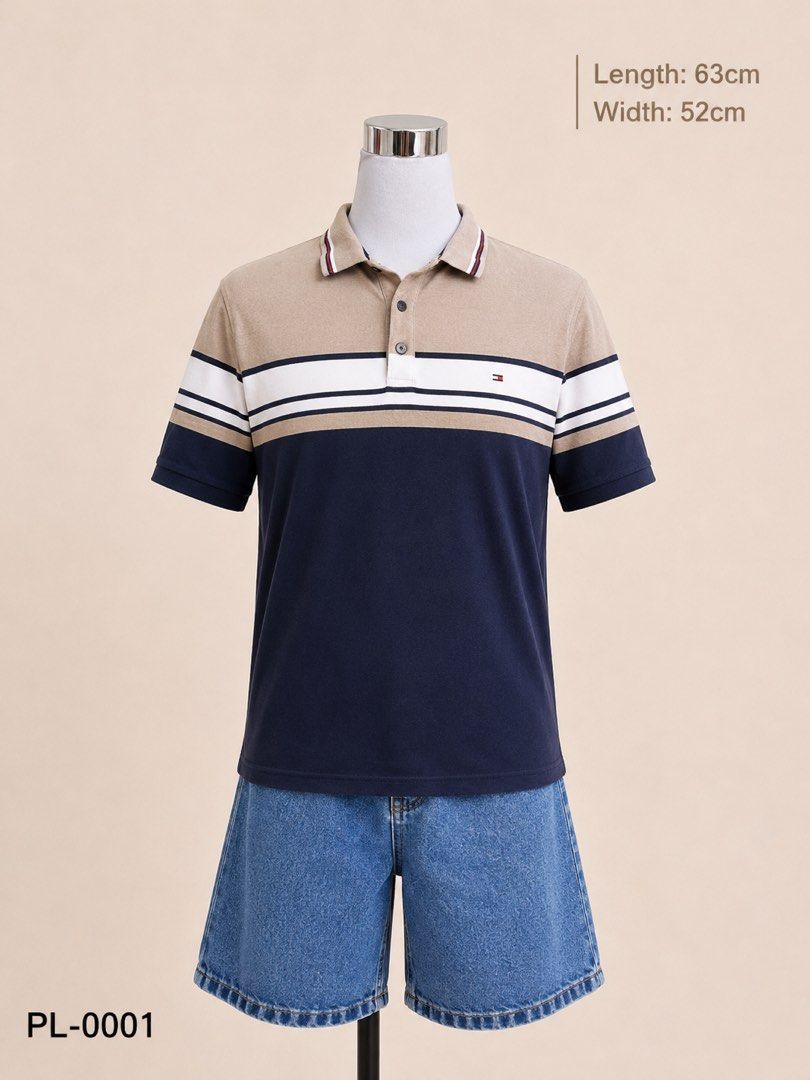 Striped Polo Shirt (Category: Tshirts & Polo Shirts ) located in Taguig. Submitted by s.showi (Listing ID 1441287361, Image 1). Description: - Classic tan, white, and navy stripe design across the chest - Short sleeves with a comfortable ribbed collar - Button-up neckline for adjustable comfort - Measurements: Length 63cm, Width 52cm - Ideal for everyday casual wear.