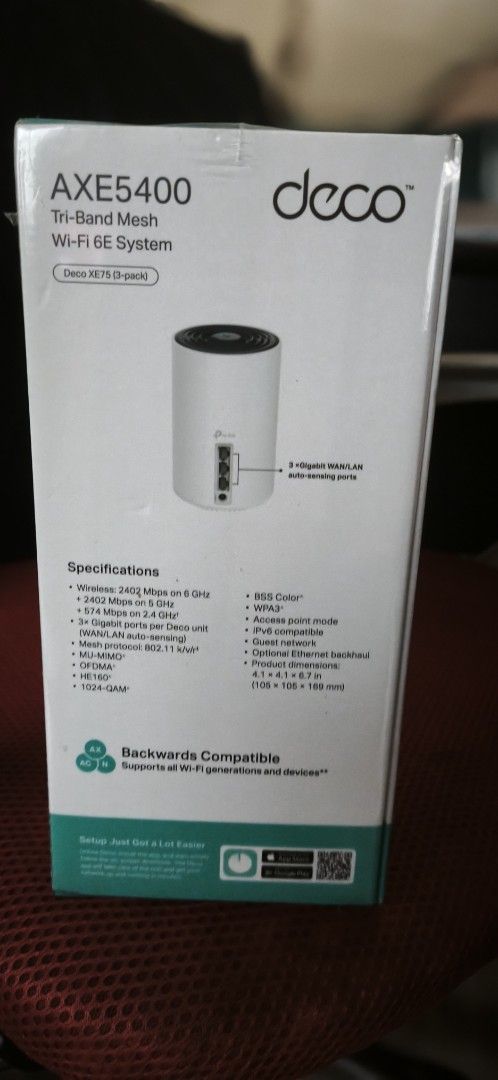 Rush! Deco AXE5400 3-Pack (Category: Networking) located in Pasay City. Submitted by quickfire_47cc76 (Listing ID 1441351111, Image 2). Description: - TP-Link Deco AXE5400 Tri-Band Mesh Wi-Fi 6E System - Includes 3 units for seamless coverage - Experience the latest Wi-Fi 6E technology - Covers an expansive area of up to 7,200 sq ft - Enjoy ultra-fast speeds up to 5.4 Gbps - Fully backward compatible with older Wi-Fi devices can be set or per pie