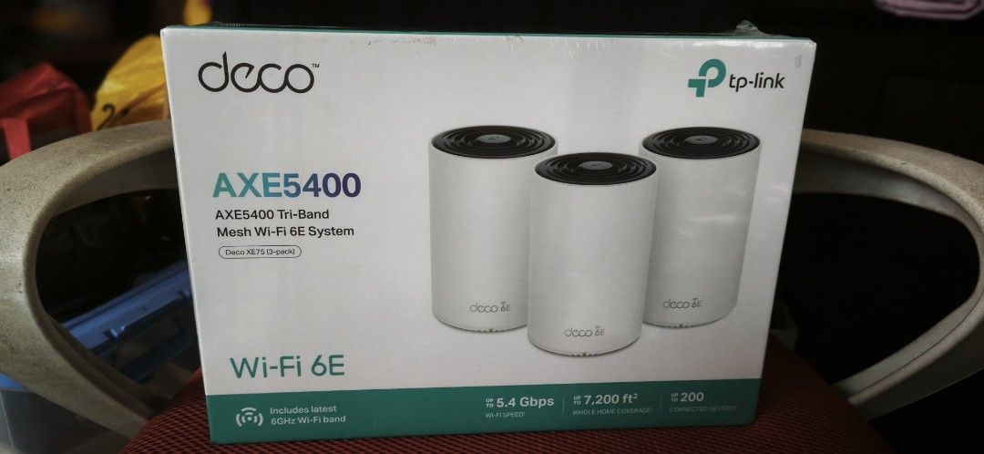 Rush! Deco AXE5400 3-Pack (Category: Networking) located in Pasay City. Submitted by quickfire_47cc76 (Listing ID 1441351111, Image 1). Description: - TP-Link Deco AXE5400 Tri-Band Mesh Wi-Fi 6E System - Includes 3 units for seamless coverage - Experience the latest Wi-Fi 6E technology - Covers an expansive area of up to 7,200 sq ft - Enjoy ultra-fast speeds up to 5.4 Gbps - Fully backward compatible with older Wi-Fi devices can be set or per pie