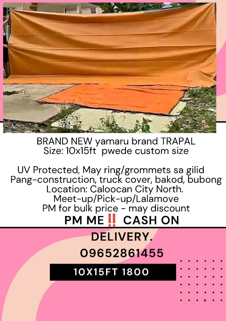 trapal / lona (Category: Construction & Building Materials) located in Caloocan City. Submitted by silentwhale.6d3f96 (Listing ID 1441198638, Image 1). Description: YAMARU BRAND murang trapal 10x15ft UV PROTECTED | MAY RING PM ME!! CASH ON DELIVERY Caloocan Area.