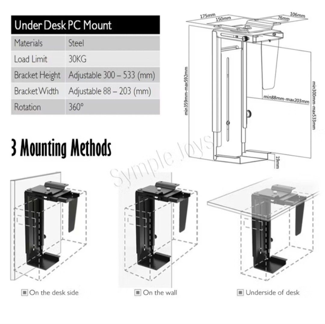 Under Desk PC Mount Adjustable Steel CPU Holder470160680179486721