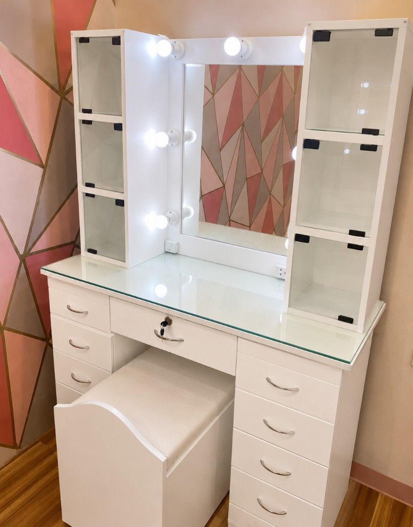 Vanity Table with Lights and Stool (Category: Tables & Sets) located in Mabalacat. Submitted by joemamangun01 (Listing ID 1441220704, Image 1). Description: - Makeup vanity table with lighted mirror - Includes matching stool - Multiple drawers for organization - Available in white, black, or wood finish - Perfect for creating your dream beauty space.