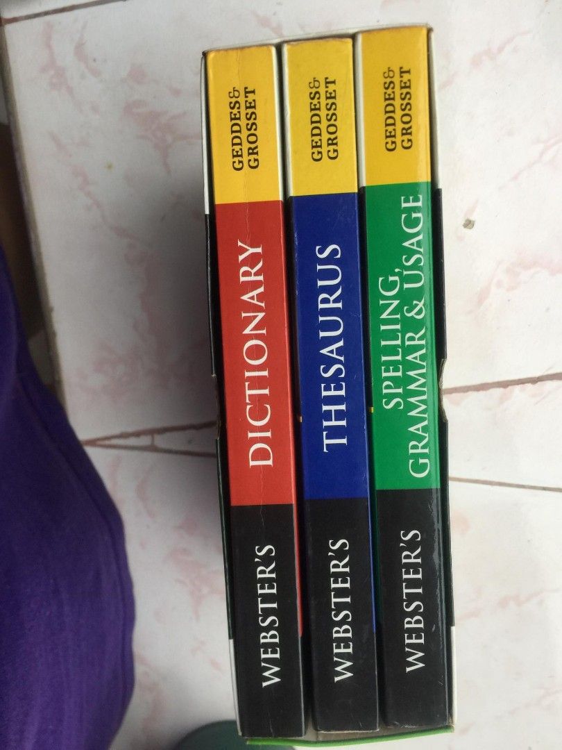 Webster's Dictionary, Almanac 2001, Thesaurus, Spelling & Usage Books (set) (Category: Textbooks) located in Quirino. Submitted by michellefa42267 (Listing ID 1441291037, Image 2). Description: - Bundle of reference books - Includes Webster's New English Dictionary (Compact Edition) - Includes Time Almanac 2001 - Set of Webster's Geddes & Grosset books: Dictionary, Thesaurus, Spelling, Grammar & Usage - Ideal for students and quick reference need