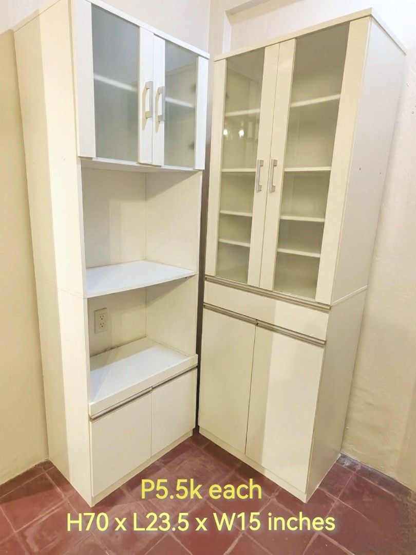 White Pantry Kitchen Cabinet Shelves Rack (Category: Shelves, Cabinets & Racks) located in Quezon City. Submitted by goodbyexgoodbuy (Listing ID 1441354394, Image 1). Description: Get two for P10,000 nalang. Dimensions: Height 70 inches x Length 23.5 inches xWidth 15 inches Still in good condition, some scuffing/wear and tear sa bottom but not noticeable. Pickup loc: Kamuning, QC.
