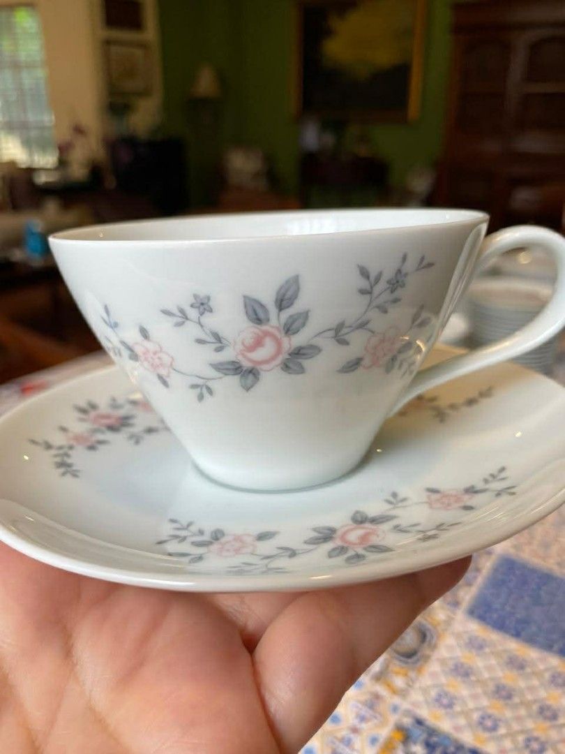 White teacup and saucer with pink roses pattern (Category: Dinnerware & Cutlery) located in Quezon City. Submitted by momof3since2016 (Listing ID 1441204356, Image 2). Description: - Delicate bone china (Noritake) dining set. - Features a charming pink rose and grey leaf design. - Perfect for hosting guests and In laws - Adds a lovely touch to your kitchen or dining area. - Makes a wonderful gift idea..