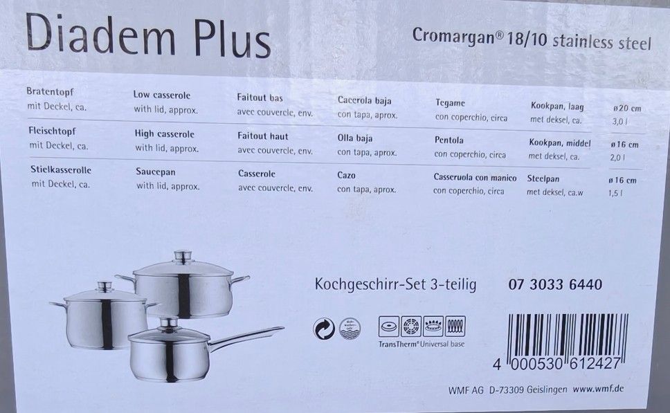 WMF Diadem Plus Cromargan 18/10 Stainless Steel Cookware 3 piece Set