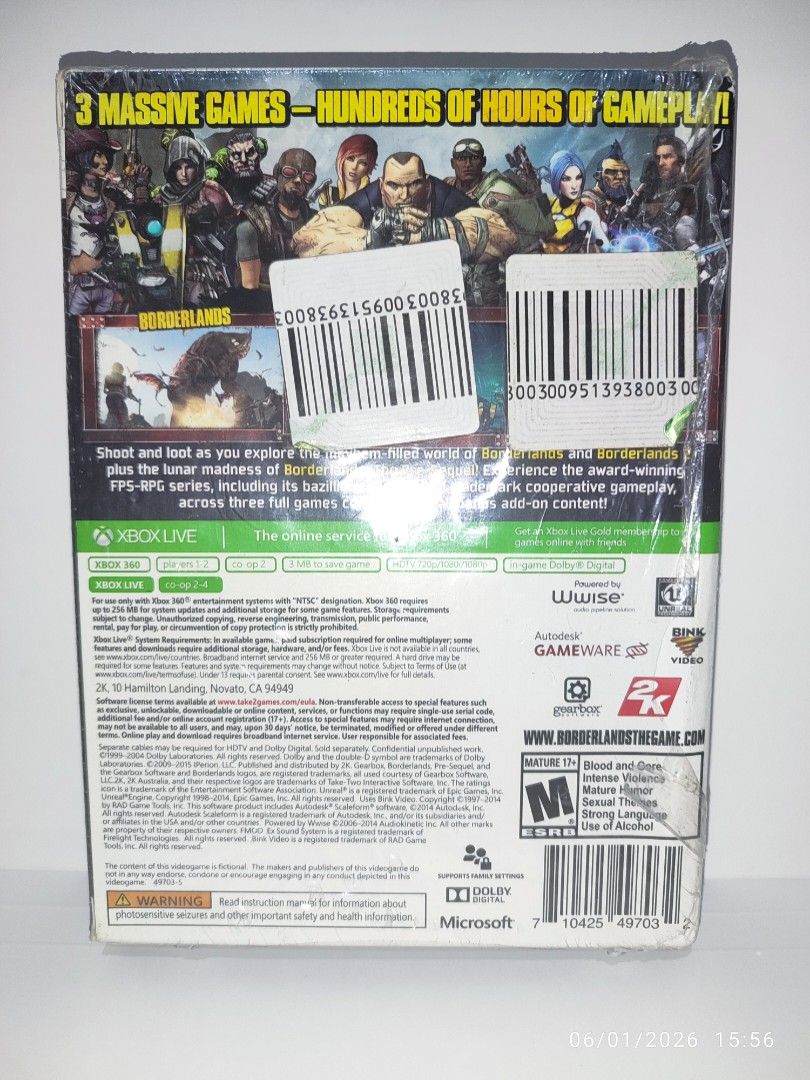 XBOX 360 - Borderlands Triple Pack (OPENED) "OPEN REGION" (Category: Xbox) located in Mendez-Nunez. Submitted by sf2_gameshop (Listing ID 1437911972, Image 3). Description: PLEASE READ This is another copy, the previous item was already sold. The discs will work on any Xbox 360 unit, regardless of region. PAL - √ (Yes) NTSC/J - √ (Yes) NTSC - √ (Yes) This pack contains three full games complete with all add-on bonus content. CONDITION: a new item