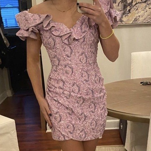 ZARA Lilac Textured Ruffle Mini Dress (Category: Dresses) located in Cavite. Submitted by declutteringmama12 (Listing ID 1441296901, Image 3). Description: ZARA Lilac Textured Ruffle Mini Dress Size: Small Brand New With Tags (BNWT) A stunning lilac jacquard mini dress featuring a romantic ruffle neckline and flattering fitted silhouette. Perfect for weddings, parties, birthdays, bridal showers, date nights, and special occasions. ✨ Brand New Wit