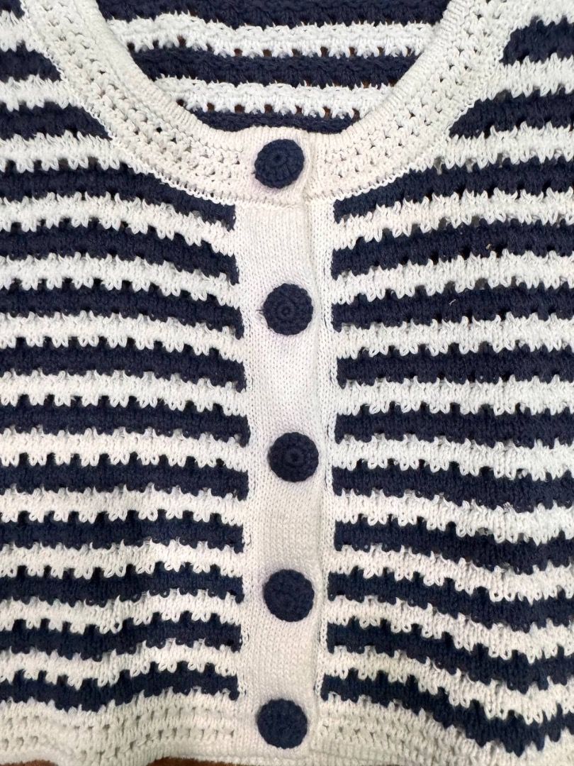 Zara Striped Crochet Button-Up Vest (Category: Sleeveless) located in Manila. Submitted by mbpte (Listing ID 1441179973, Image 3). Description: - Used once or twice - Zara crochet vest - Navy and white stripes - Sleeveless design - Button-up front - Ideal for layering over tops or dresses - Made in Turkey.