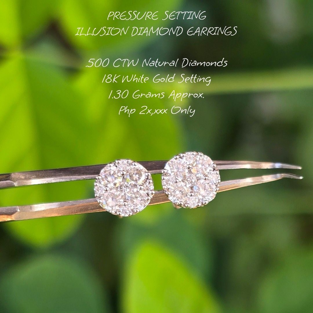 18K White Gold Illusion Diamond Earrings (Category: Earrings) located in Quezon City. Submitted by her_turf (Listing ID 1442988074, Image 3). Description: - Illusion setting for a bigger diamond look - 0.50 CTW natural diamonds - Crafted in lustrous 18K white gold - Approx. 1.30 grams - Versatile for daily wear or special events.